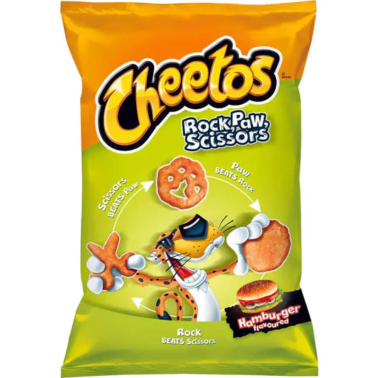Chips vrećica Cheetos Rock Paw Scissors, hamburger okus, narančasto-zelena